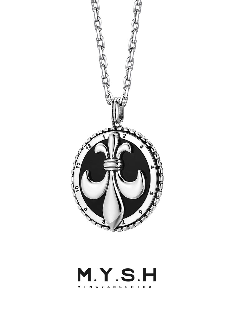 S925 Silver Fleur-de-Lis Clock Pendant Necklace