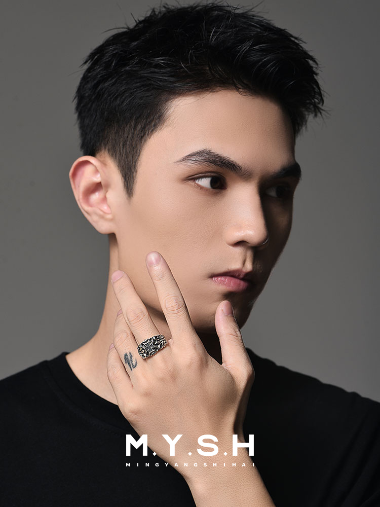 S925 Silver Black Cross Fleur-de-Lis Wide Band Ring