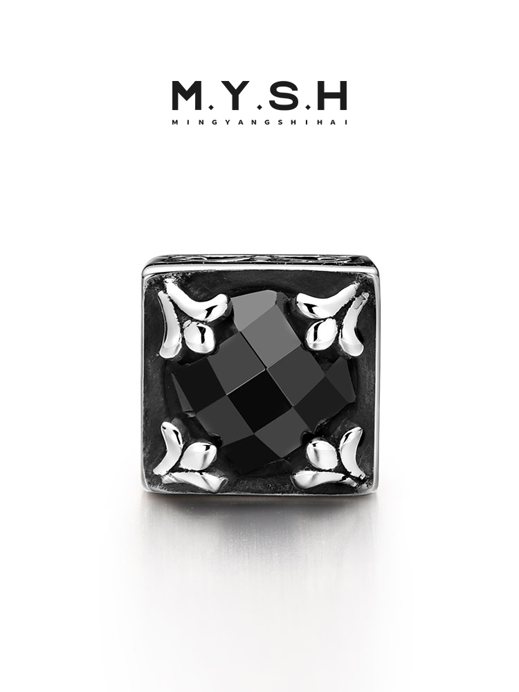 S925 Silver Black Onyx Fleur-de-Lis Square Stud Earrings