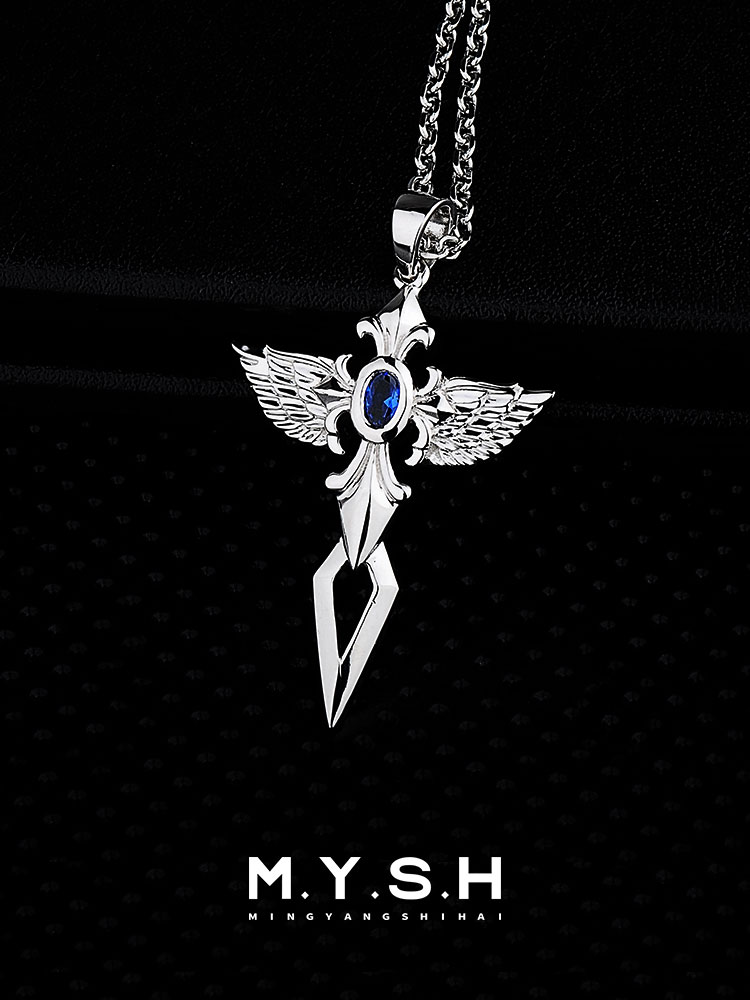 S925 Silver Angel Wing Sapphire Cross Necklace – MYSH