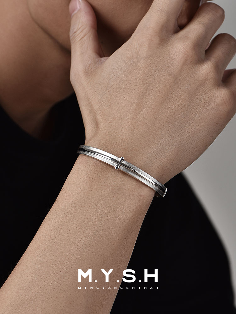 S925 Silver Matte Cross Cuff Bracelet for Men