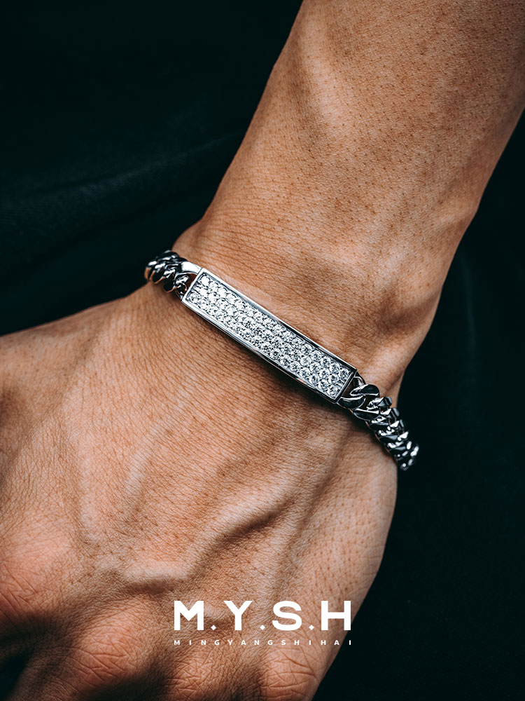 8MM S925 Silver Cuban Link Bracelet with Pavé ID Plate
