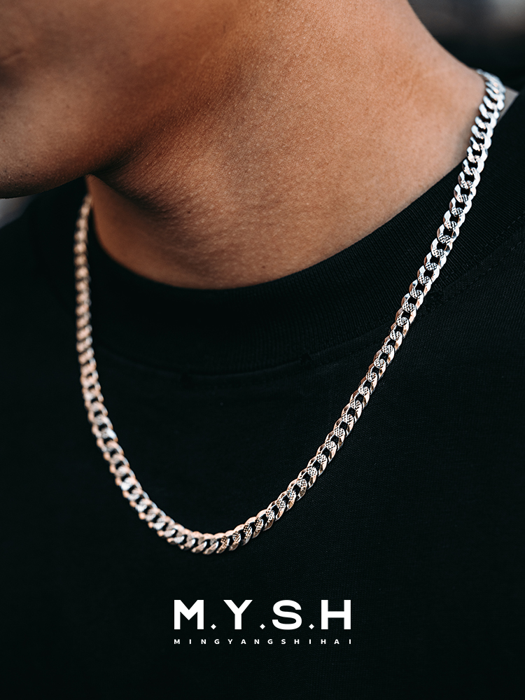 S925 Silver Thin Textured Cuban Link Chain Necklace