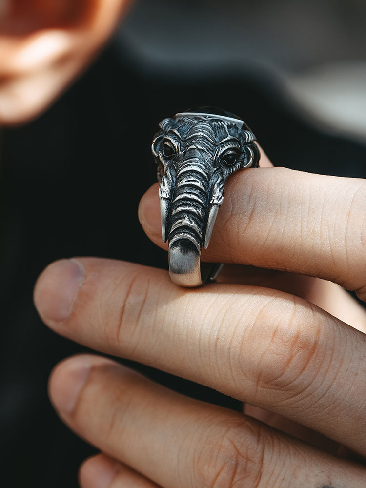 S925 Silver Black Onyx Elephant King Ring-MYSH