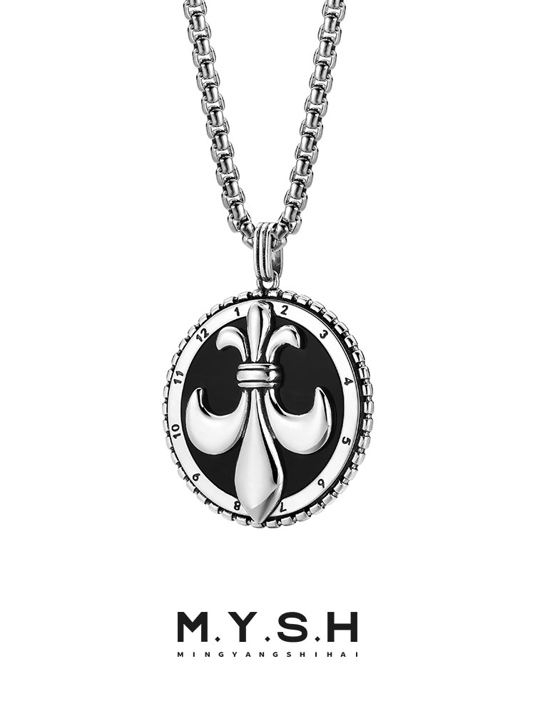 S925 Silver Fleur-de-Lis Clock Pendant Necklace