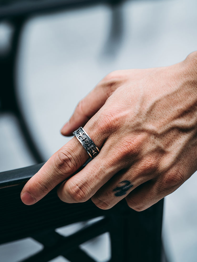 S925 Silver Fleur-de-Lis Black Onyx Wide Band Ring