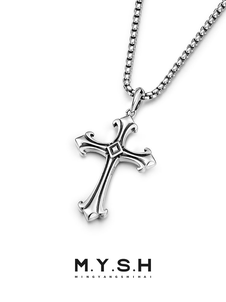 S925 Silver Oxidized Fleur-de-Lis Cross Pendant Necklace