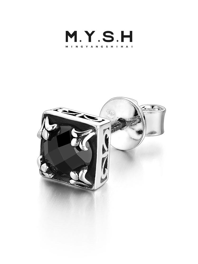 S925 Silver Black Onyx Fleur-de-Lis Square Stud Earrings