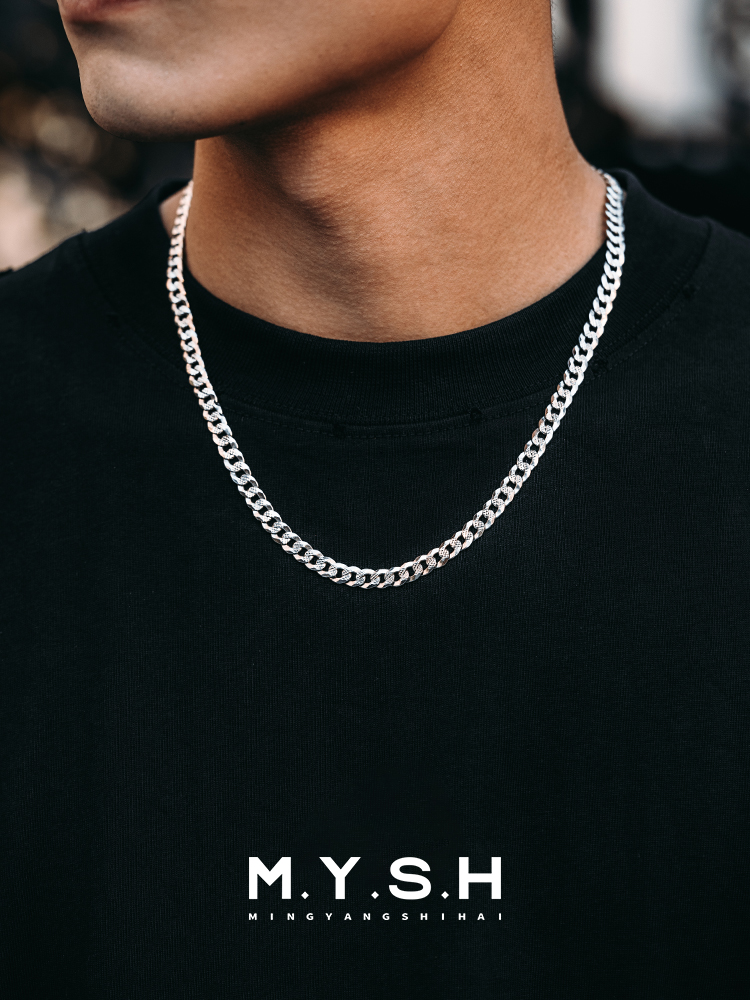 S925 Silver Thin Textured Cuban Link Chain Necklace