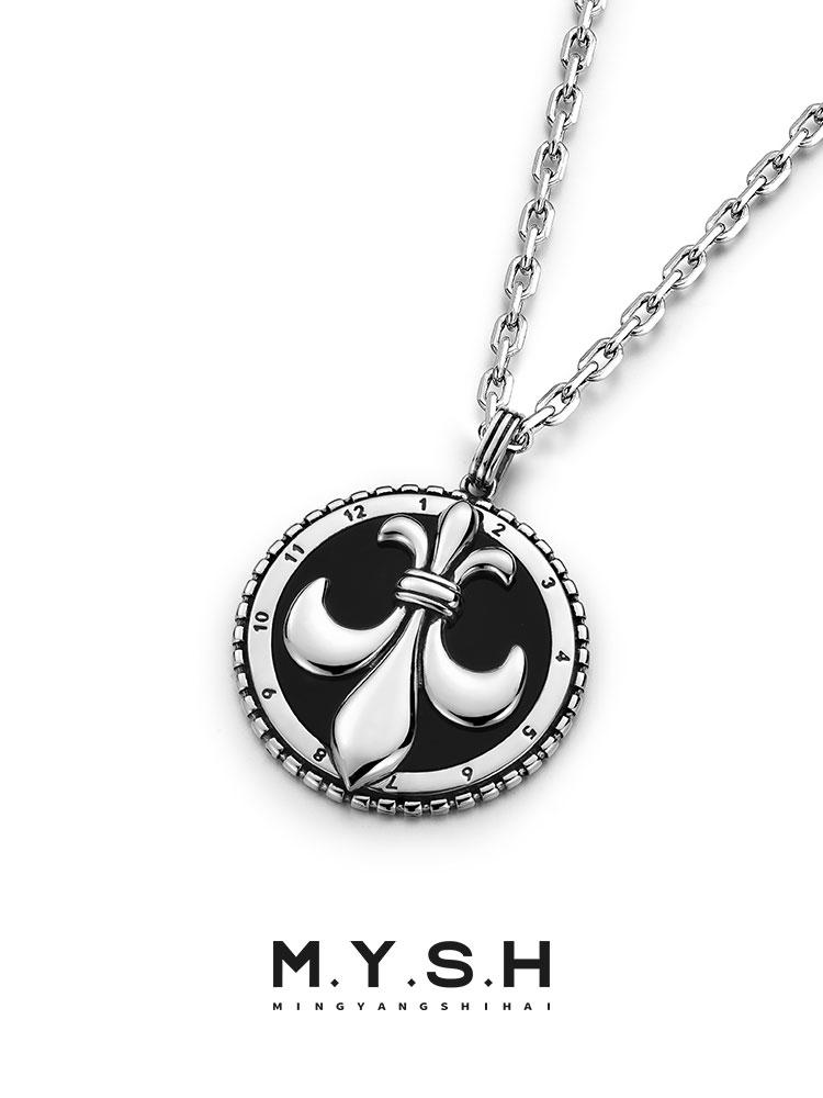 S925 Silver Fleur-de-Lis Clock Pendant Necklace