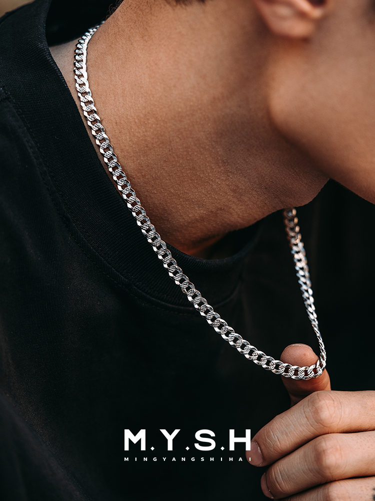 S925 Silver Thin Textured Cuban Link Chain Necklace