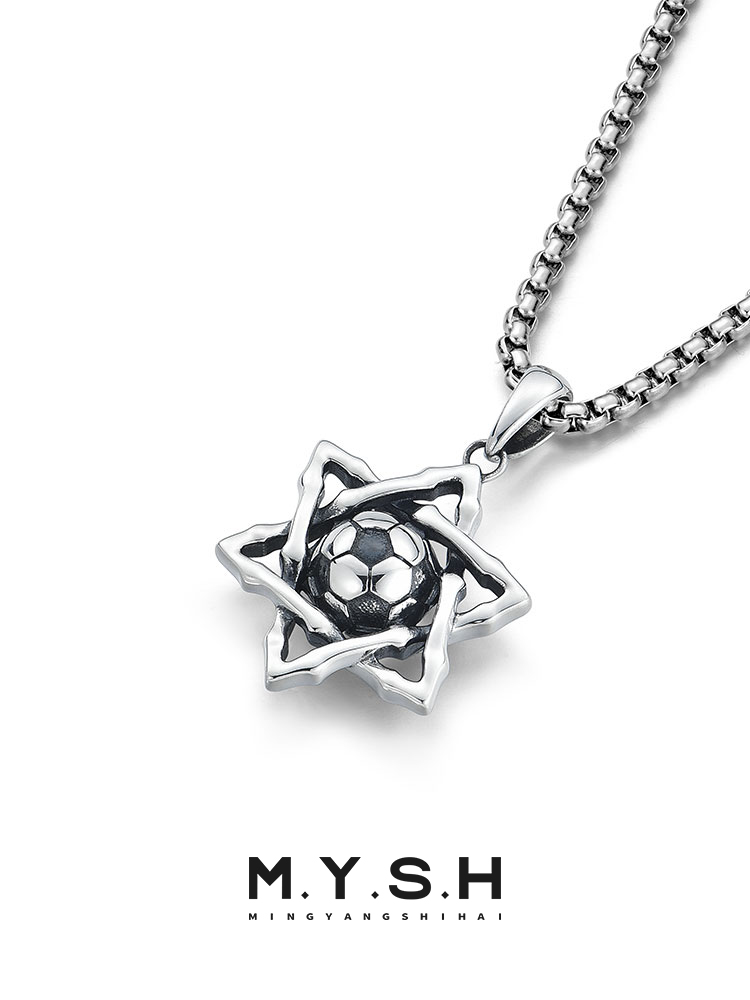 S925 Silver Star of David Soccer Ball Pendant Necklace