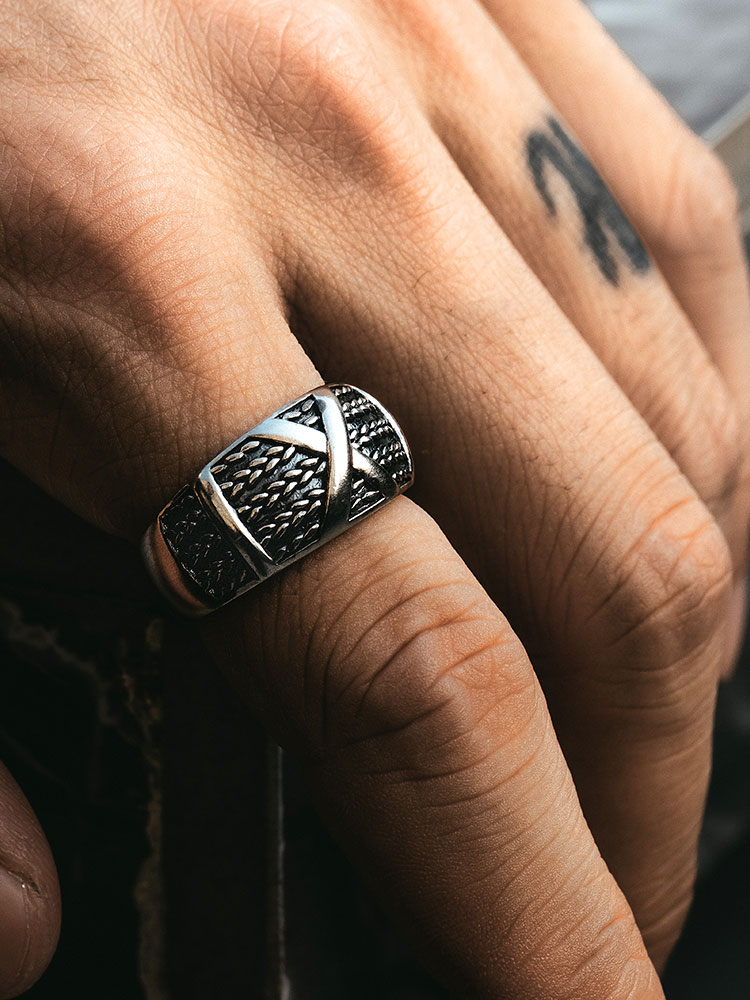 S925 Silver Wide Band Cross Texture Ring