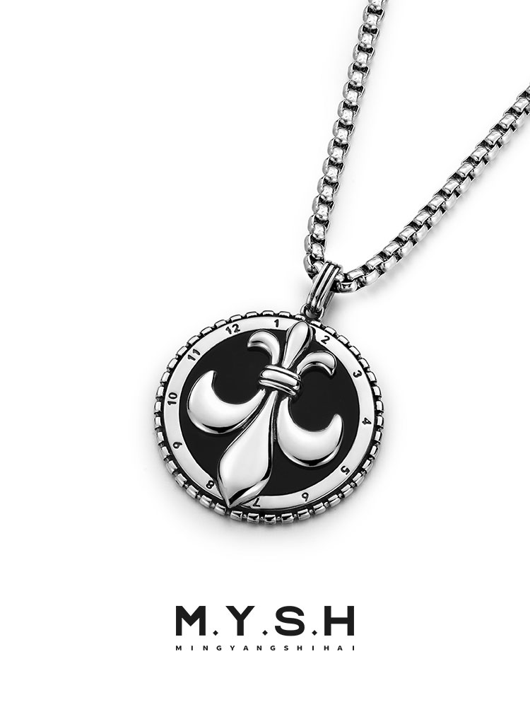 S925 Silver Fleur-de-Lis Clock Pendant Necklace