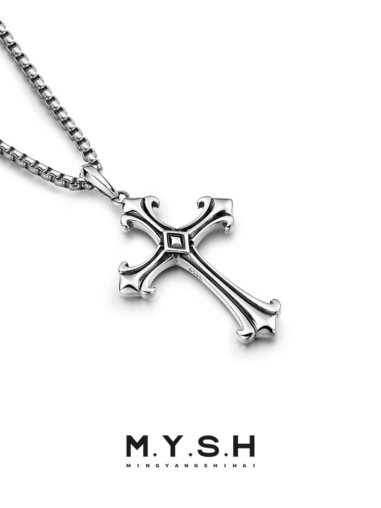 S925 Silver Oxidized Fleur-de-Lis Cross Pendant Necklace