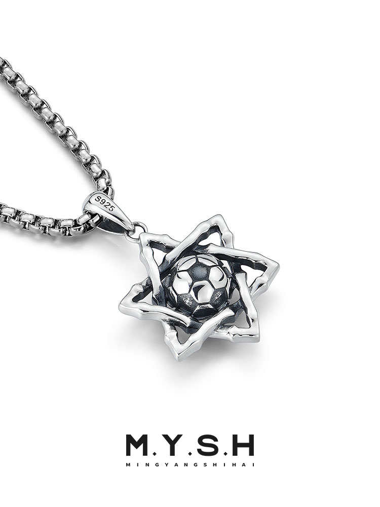S925 Silver Star of David Soccer Ball Pendant Necklace