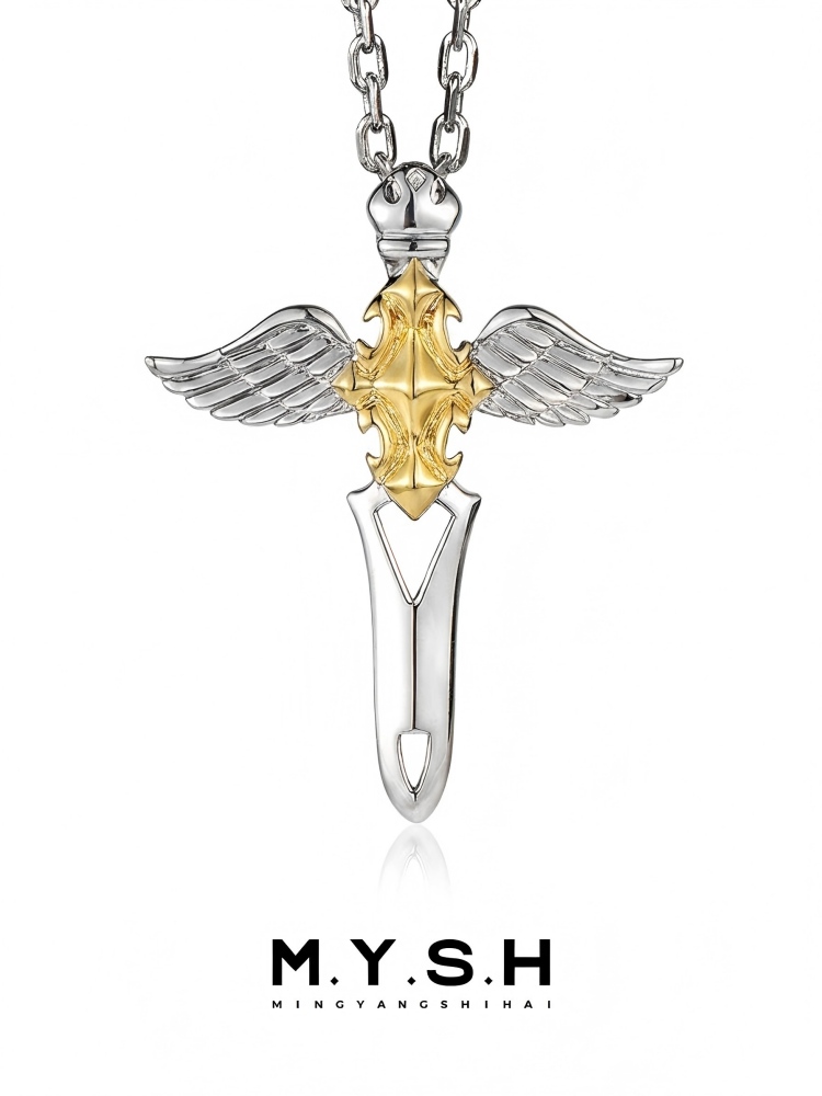 S925 Silver Gold-Plated Angel Sword Wing Cross Pendant Necklace