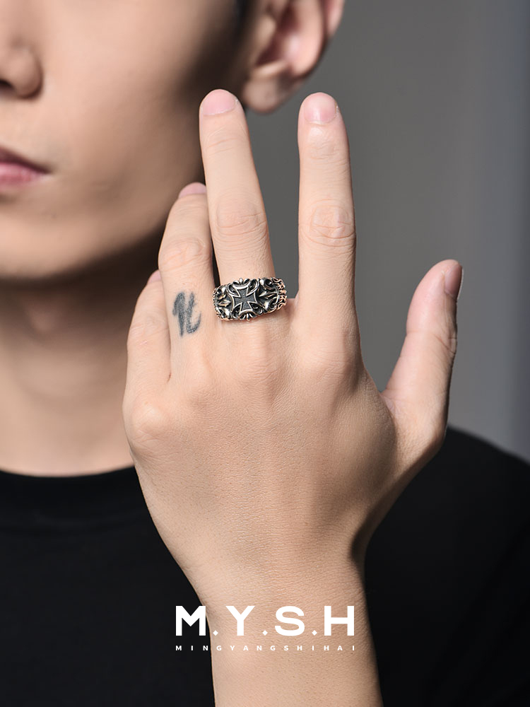 S925 Silver Black Cross Fleur-de-Lis Wide Band Ring