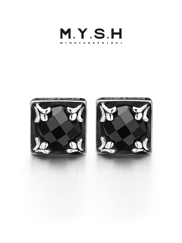 S925 Silver Black Onyx Fleur-de-Lis Square Stud Earrings