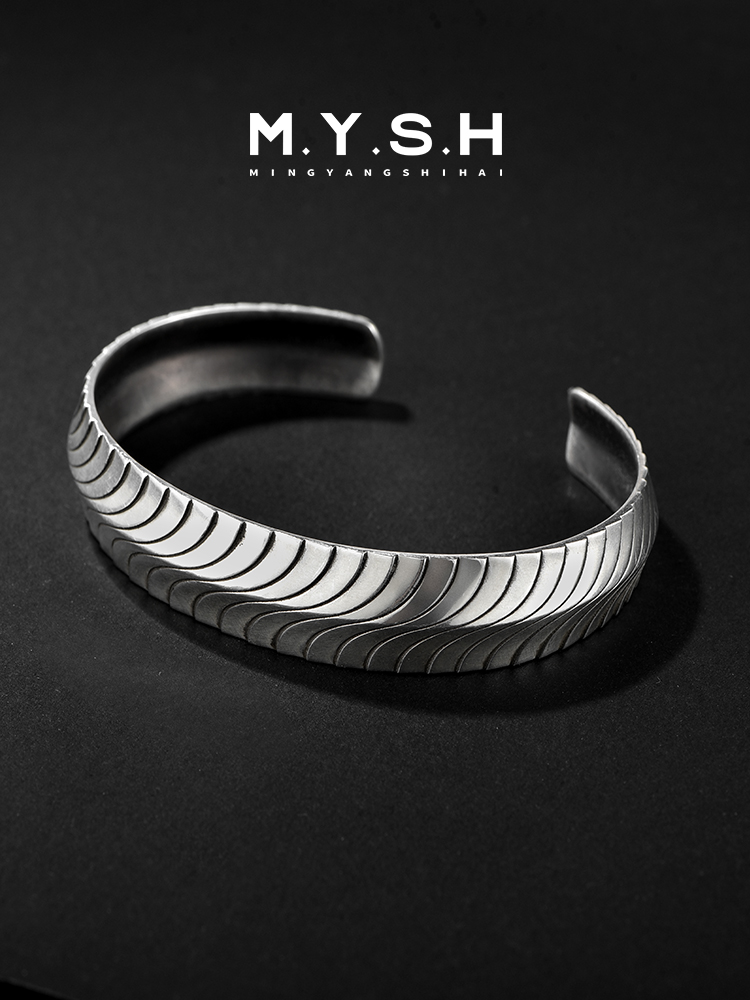 13MM S925 Silver Wave Cuff Bracelet for Men