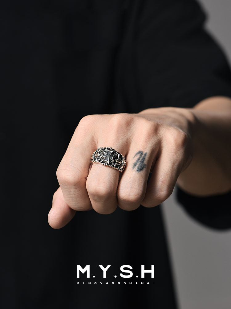 S925 Silver Black Cross Fleur-de-Lis Wide Band Ring