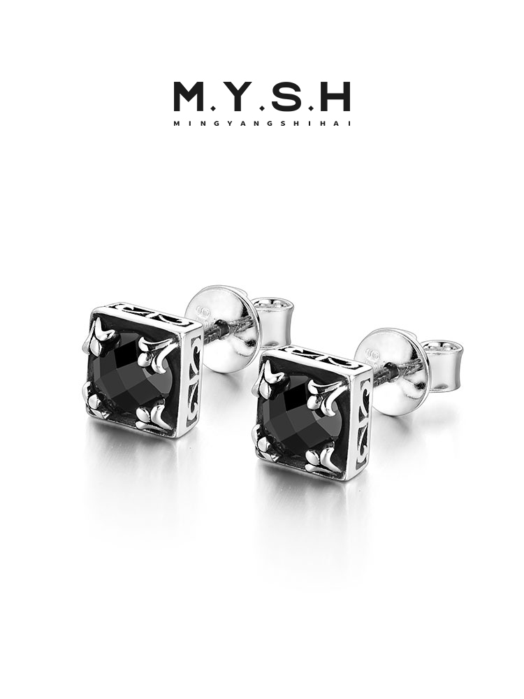 S925 Silver Black Onyx Fleur-de-Lis Square Stud Earrings