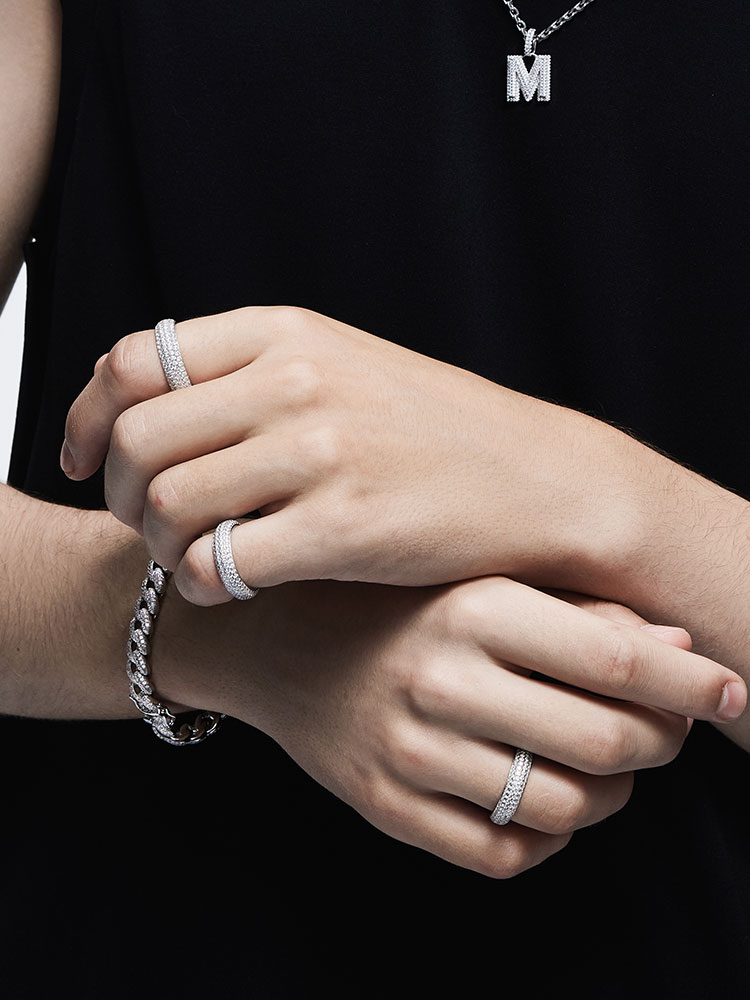 Sterling Silver Full Pave Diamond Wide Band Ring