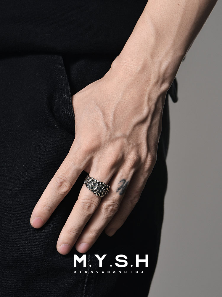 S925 Silver Black Cross Fleur-de-Lis Wide Band Ring