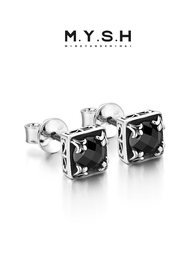 S925 Silver Black Onyx Fleur-de-Lis Square Stud Earrings