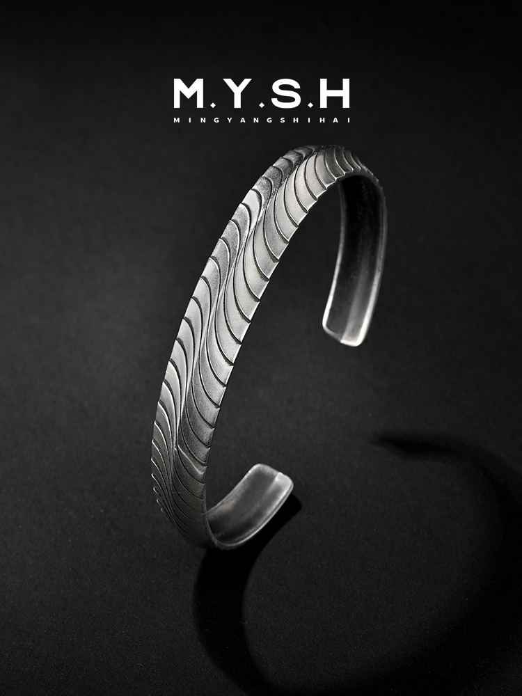 13MM S925 Silver Wave Cuff Bracelet for Men