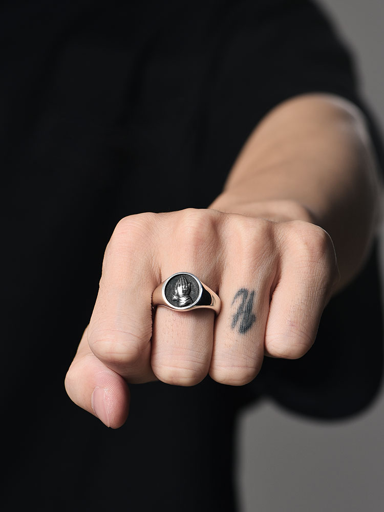 S925 Silver Praying Hands Signet Ring for Men