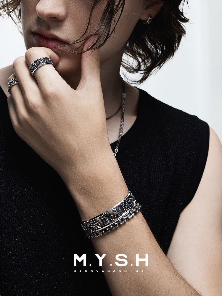 S925 Silver Gothic Cross Cuff Bracelet for Men