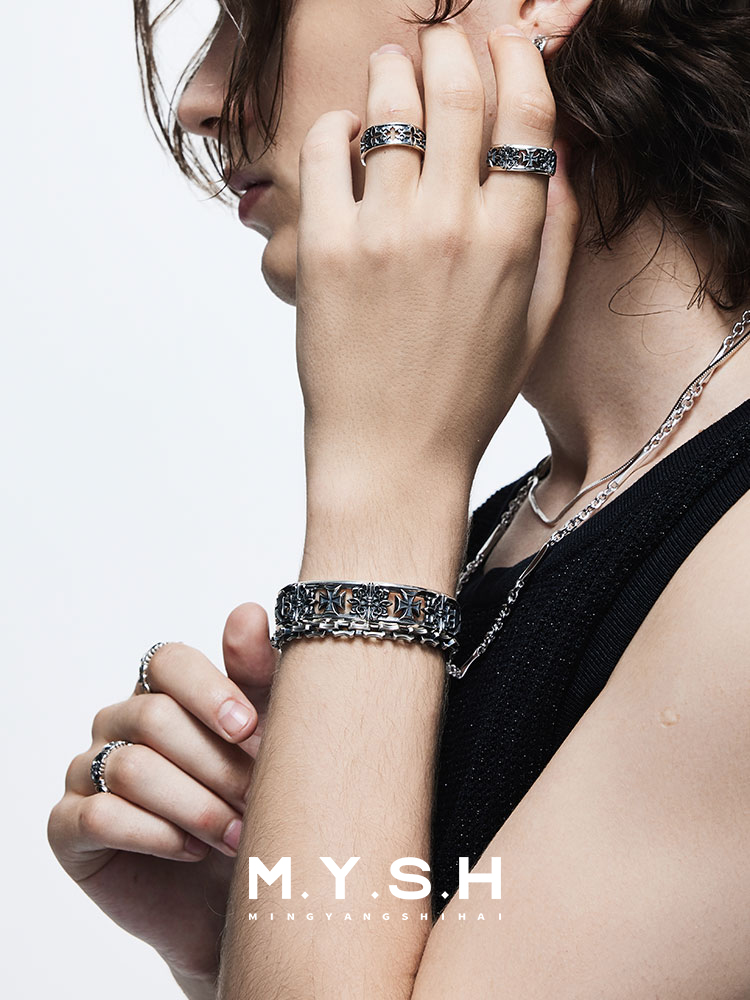 S925 Silver Gothic Cross Cuff Bracelet for Men