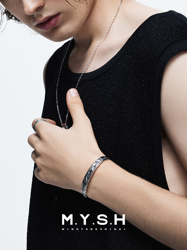 S925 Silver Vintage Engraved Open Cuff Bracelet