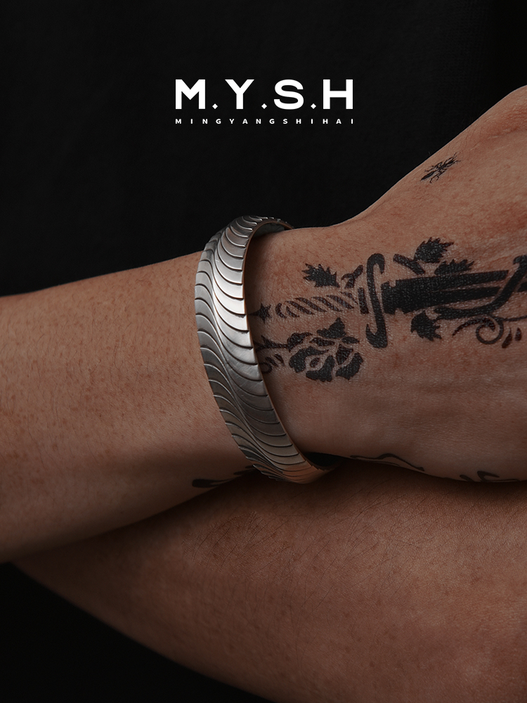 13MM S925 Silver Wave Cuff Bracelet for Men