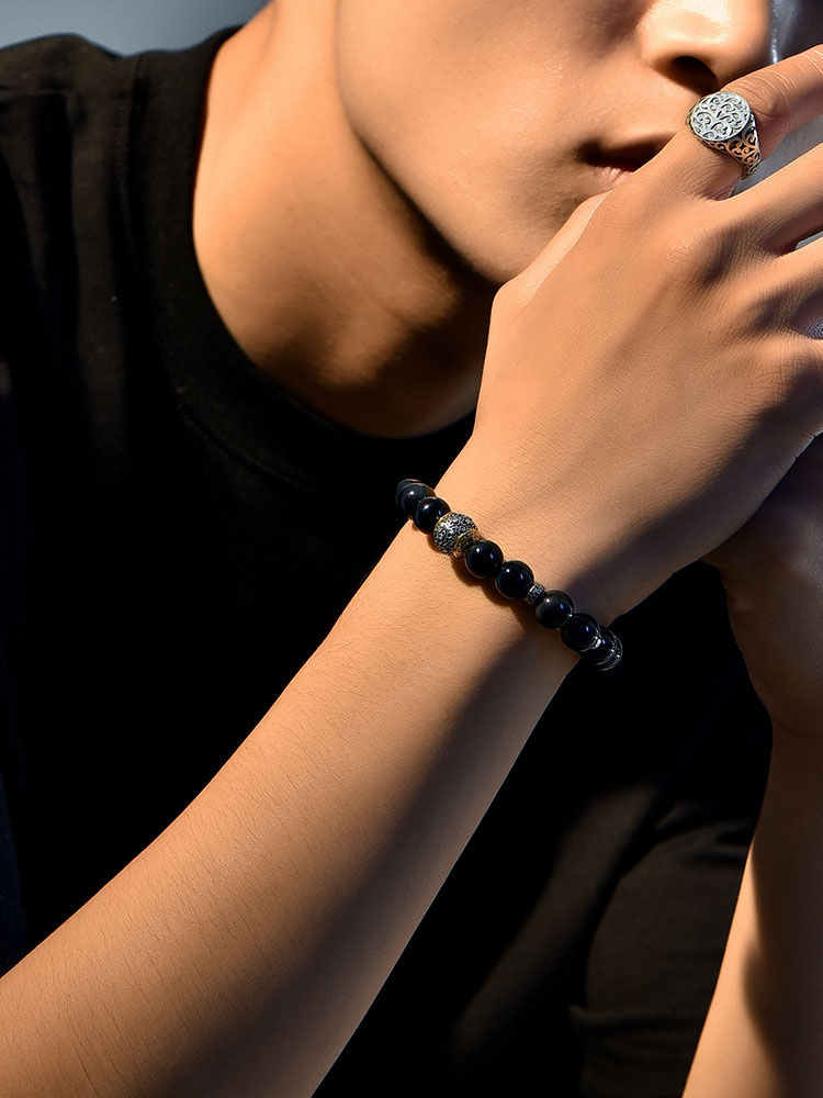 S925 Silver Textured Bead Black Onyx Bracelet