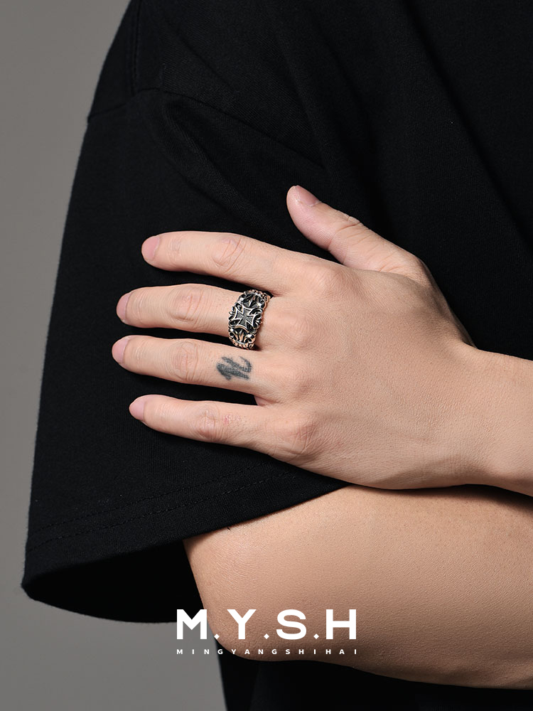 S925 Silver Black Cross Fleur-de-Lis Wide Band Ring