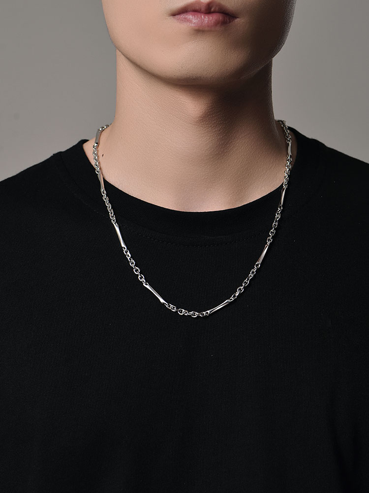 S925 Silver 3D Irregular Diamond Bar Link Necklace