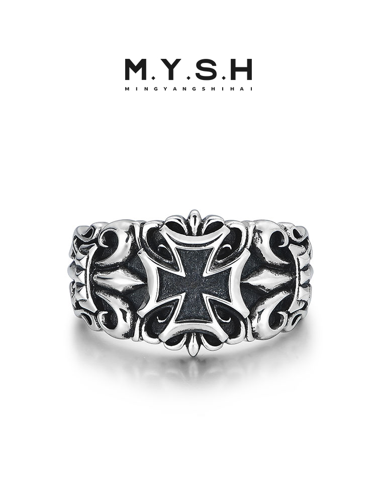 S925 Silver Black Cross Fleur-de-Lis Wide Band Ring