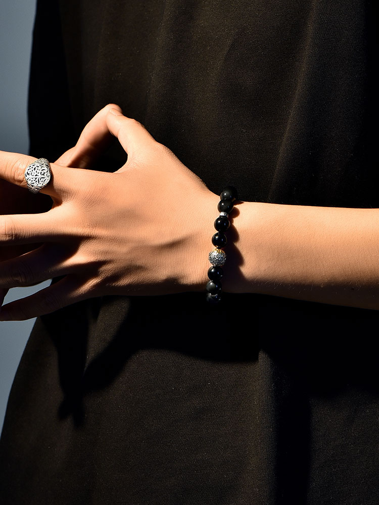 S925 Silver Textured Bead Black Onyx Bracelet