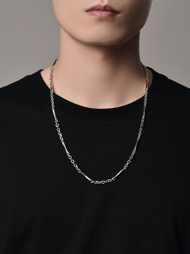 S925 Silver 3D Irregular Diamond Bar Link Necklace