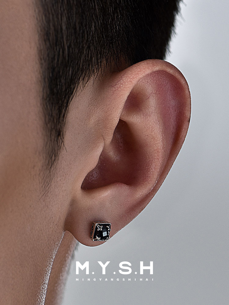 S925 Silver Black Onyx Fleur-de-Lis Square Stud Earrings