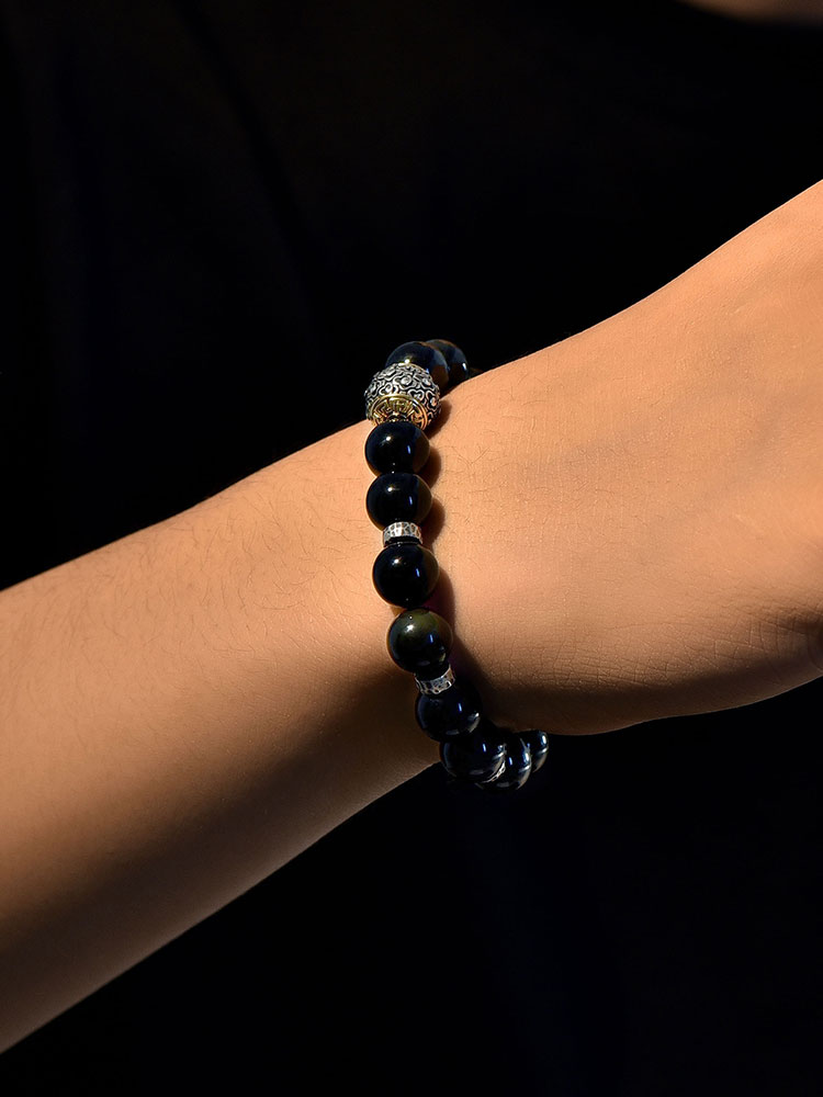 S925 Silver Textured Bead Black Onyx Bracelet