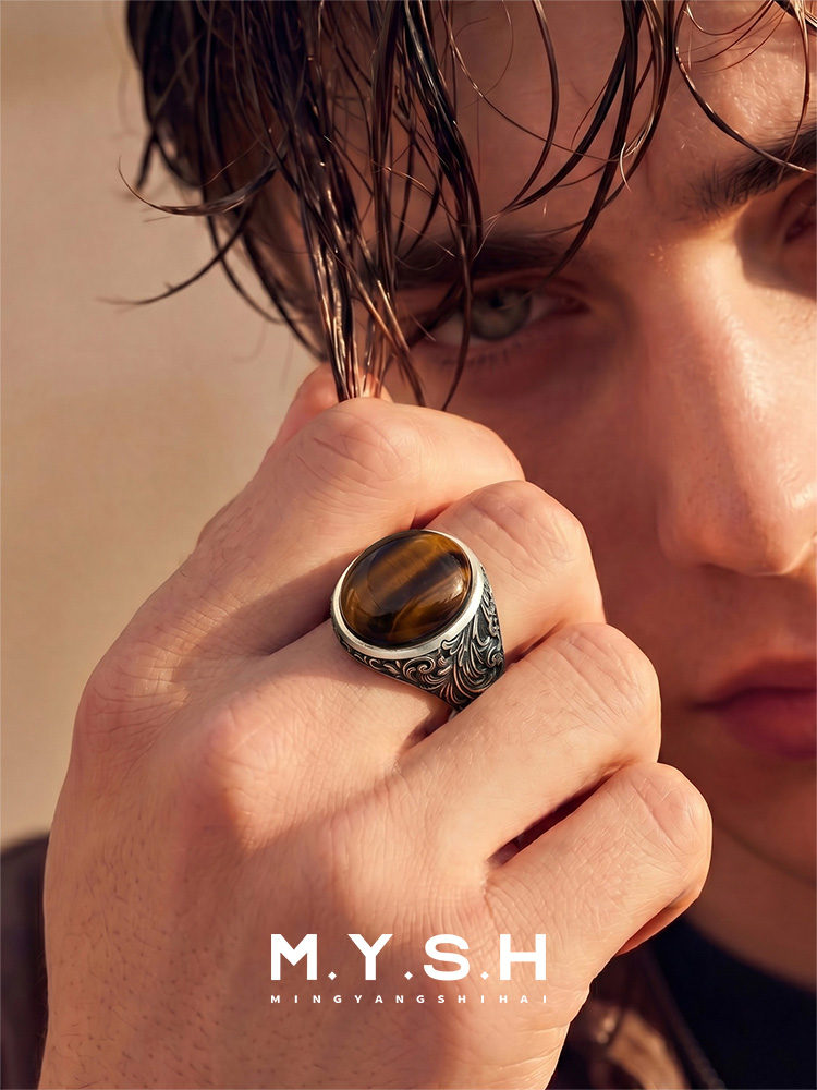 S925 Silver Natural Tiger’s Eye Statement Ring for Men