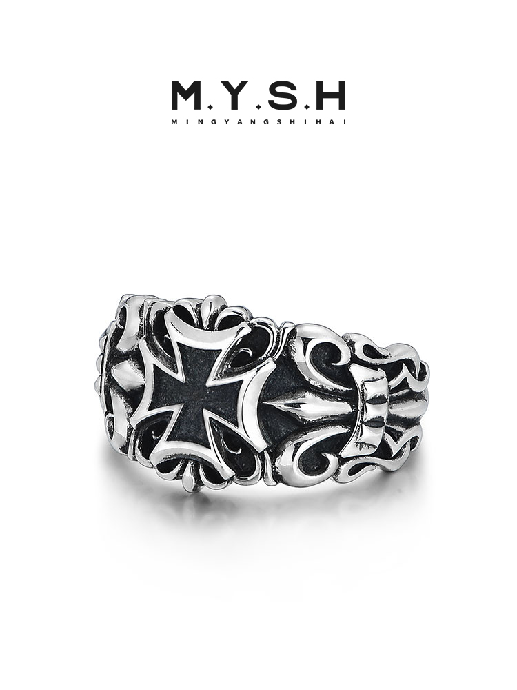 S925 Silver Black Cross Fleur-de-Lis Wide Band Ring