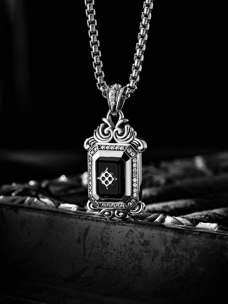 S925 Silver Black Onyx Rectangle Diamond-Accented Pendant Necklace