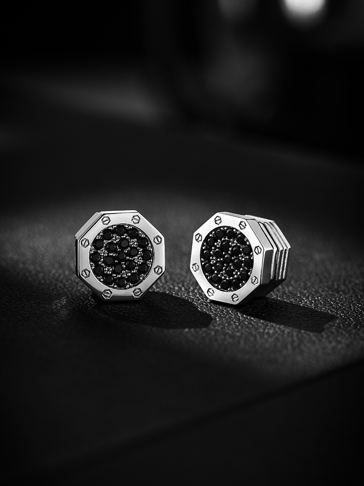 S925 Silver Magnetic Octagon Black Diamond Clip-On Earrings (No Piercing)