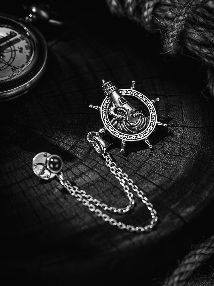 S925 Silver Lighthouse Ship Wheel Lapel Pin