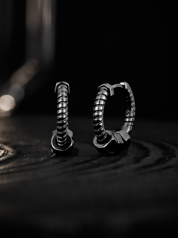 S925 Silver Black Dumbbell Barbell Hoop Earrings