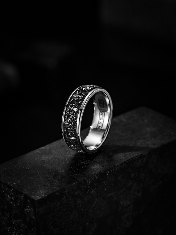 S925 Silver Fleur-de-Lis Wide Band Ring